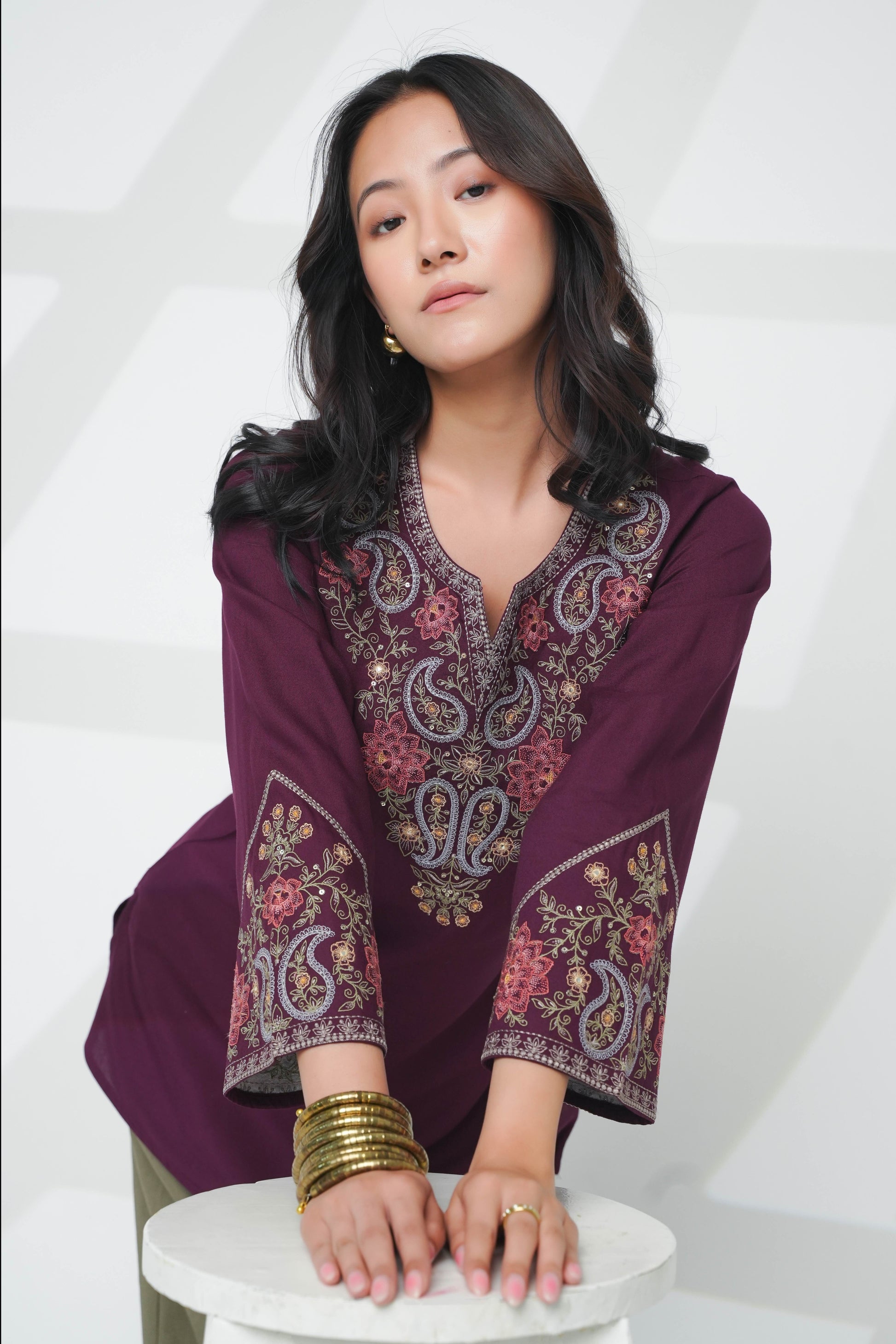 indigrey Ambi wine top with intricate floral and paisley Linefill embroidery on the neckline and full sleeves